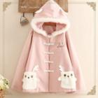 Furry Trim Letter Embroidered Hooded Coat
