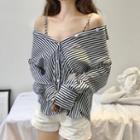 Striped Cold-shoulder Blouse Stripes - Black & White - One Size