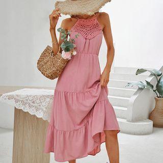 Sleeveless Halter Neck Tiered Midi A-line Dress