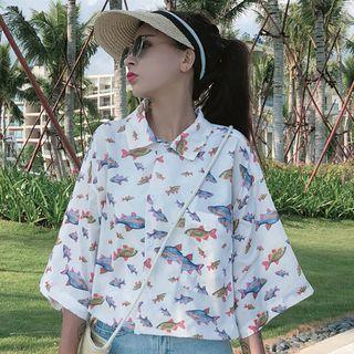3/4-sleeve Fish Patterned Shirt White - One Size
