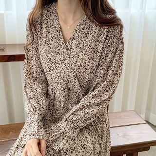 Surplice-wrap Crinkled Long Floral Dress Beige - One Size