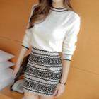 Set: Contrast Trim Knit Top + Patterned Mini Knit Skirt As Shown In Figure - One Size