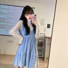 Long-sleeve Mock-neck Top / Velvet Mini A-line Overall Dress