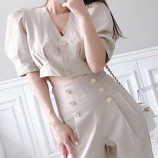 Set: Puff-sleeve Cropped Blouse + High-waist Wide-leg Pants
