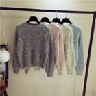 Pearl Accent Crewneck Long-sleeve Knit Sweater