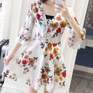 Floral Print V-neck 3/4-sleeve Chiffon A-line Dress