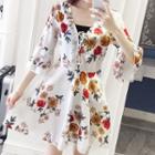 Floral Print V-neck 3/4-sleeve Chiffon A-line Dress