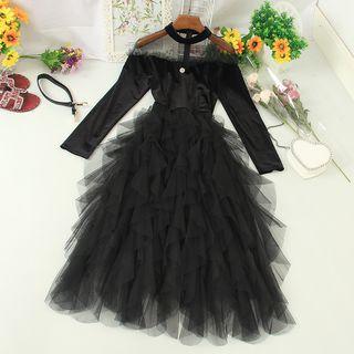 Velvet Panel Layered Midi Mesh Dress