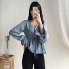 Drawstring-waist Polka-dot Blouse Ivory - One Size