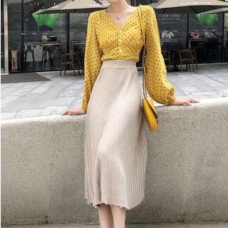 Set: V-neck Dotted Peplum Blouse + Midi Rib Knit Skirt