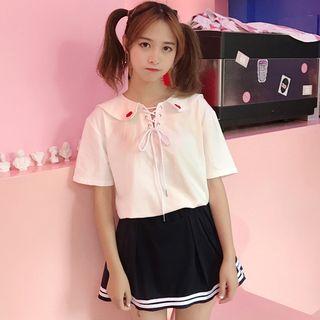 Set: Short-sleeve Cross Polo Shirt + A-line Skirt