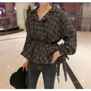 Beribboned-cuff Plaid Peplum Blouse