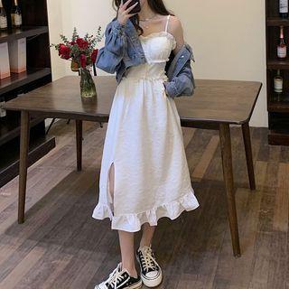 Spaghetti Strap Frill Trim Dress / Denim Jacket