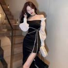 Off-shoulder Two-tone Sequined Slit Sheath Dress