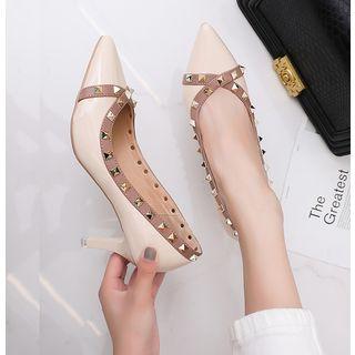 Faux Leather Studded Kitten Heel Pumps