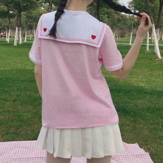 Heart Embroidered Sailor Collar Short Sleeve T-shirt
