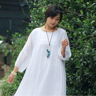 3/4-sleeve Plain Midi A-line Dress White - One Size