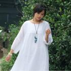3/4-sleeve Plain Midi A-line Dress White - One Size