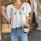 Puff-sleeve Floral Emrbroidered Top Ivory - One Size