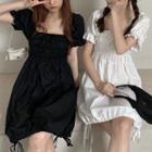 Square-neck Short-sleeve Shirred A-line Dress