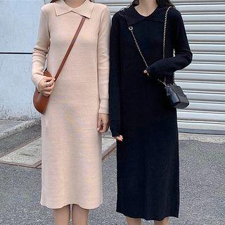 Long-sleeve Plain Slim-fit Knit Long Dress