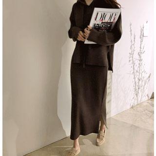 Set: Hooded Ribbed Top + Band-waist Long Skirt