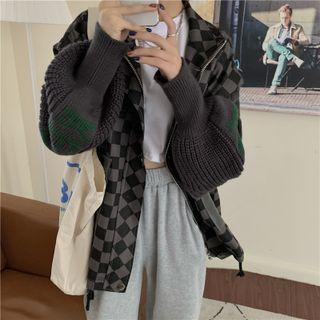 Knit Panel Checkerboard Denim Jacket