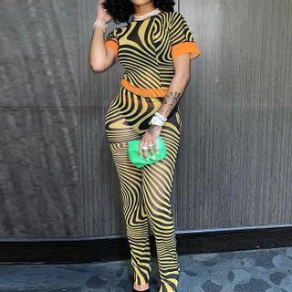 Set: Short-sleeve Print Mesh Top + Skinny Pants