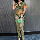 Set: Short-sleeve Print Mesh Top + Skinny Pants