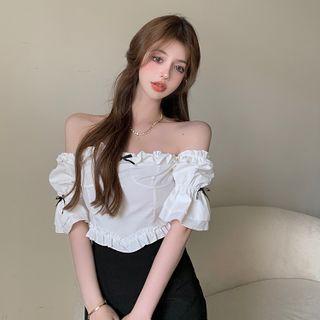 Off-shoulder Ruffle Trim Cropped Blouse / Mini Pencil Skirt