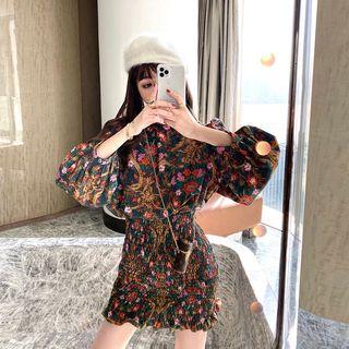 Balloon-sleeve Floral Print Smocked Mini Sheath Dress