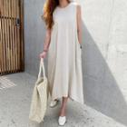 Sleeveless Button-back Linen Blend Dress Light Beige - One Size