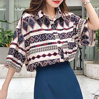 Short-sleeve Patterned Blouse As Shown In Figure - One Size