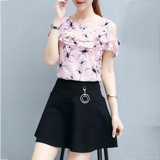 Set: Printed Short-sleeve Top + Plain A-line Skirt