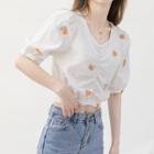 Cherry Embroidered Short-sleeve Cropped Blouse Yellow - One Size