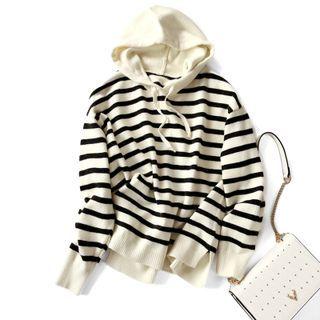 Striped Knit Hoodie Beige - One Size