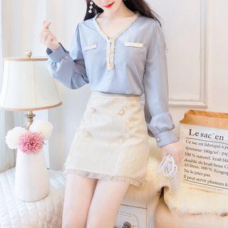 Set: Contrast Trim Beaded Blouse + Double-breasted Skirt