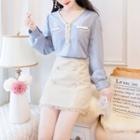 Set: Contrast Trim Beaded Blouse + Double-breasted Skirt