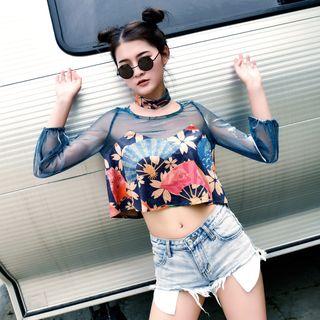Mesh Panel Cropped Long-sleeve Top