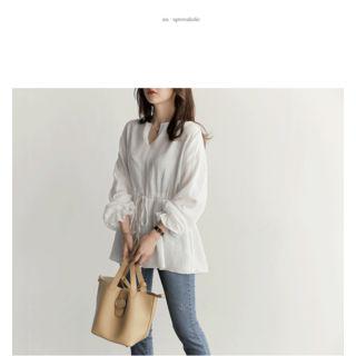 Puff-sleeve Gathered-waist Long-sleeved V-neck Cotton Plain Long Blouse