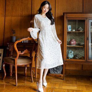 Bell-cuff Floral Long Chiffon Dress