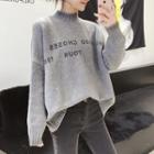 Mock Neck Lettering Sweater Gray - One Size