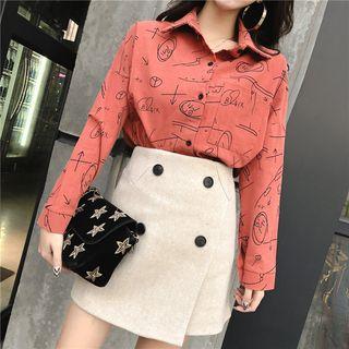 Set: Printed Shirt + Buttoned A-line Mini Skirt