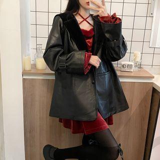 Velvet Collar Faux Leather Jacket