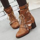 Faux Leather Buckled Lace-up Cutout Short Boots