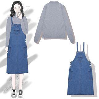 Mock-neck Sweater / Denim Pinafore Dress