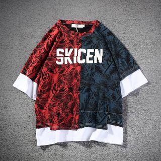 Elbow-sleeve Printed Panel T-shirt