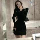Long-sleeve Faux Pearl Cutout Mini Bodycon Dress