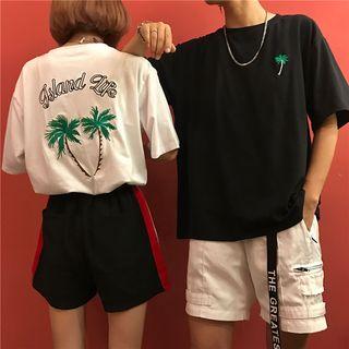 Couple Matching Short-sleeve Palm Tree Embroidered T-shirt