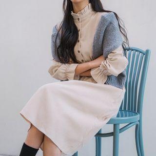 Frill-neck Corduroy Dress Beige - One Size
